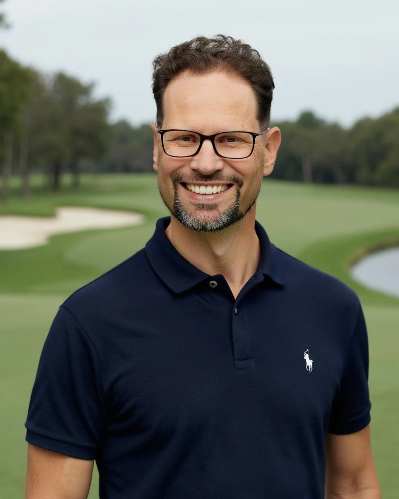 Sinnbild Master Typo 3 mit Rupert Freusmiedl von dunkelweiss: Mann mit Brille auf dem Golfplatz