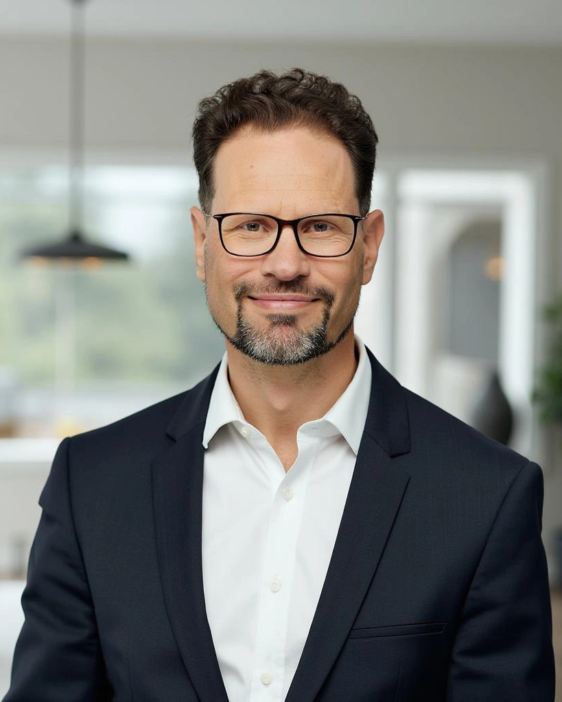 Firmentrainings_dunkelweiss_Rupert Freutsmiedl_041-df86e1df74-LTE-753b0 Sinnbild Firmentraining mit Rupert Freusmiedl von dunkelweiss: Mann in Anzug mit Brille lächelt.