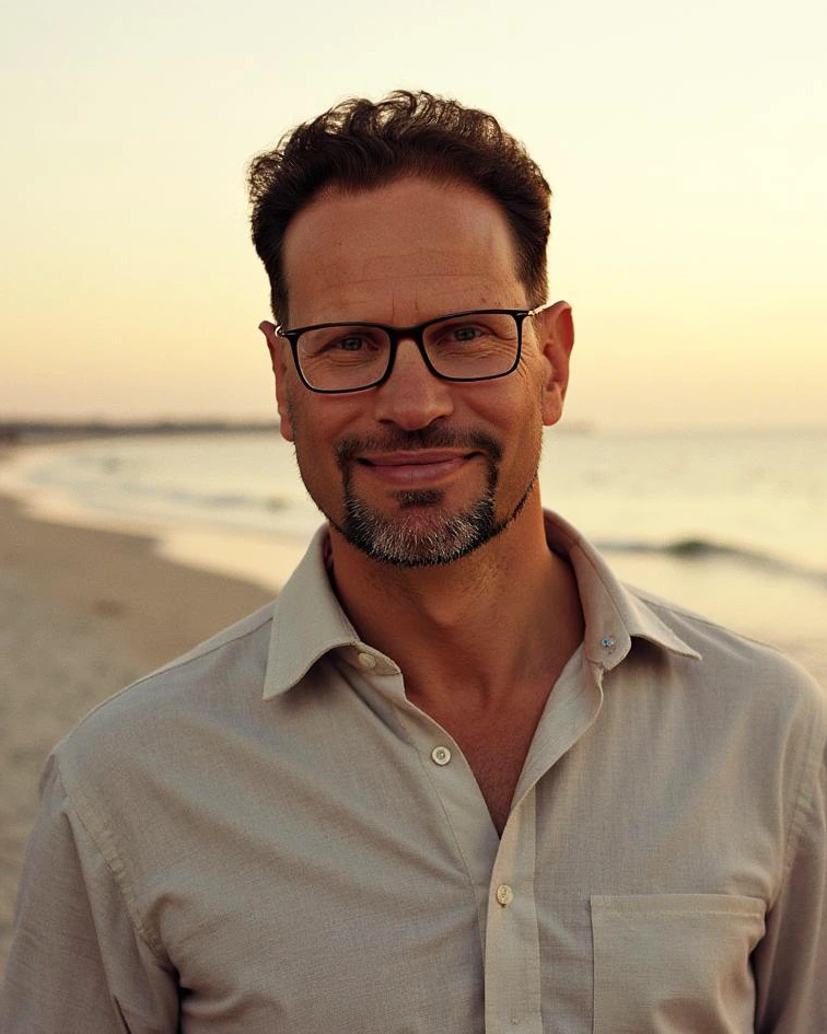 Sinnbild Life-Coachings in Aachen mit Rupert Freusmiedl von dunkelweiss: Mann am Strand bei Sonnenuntergang